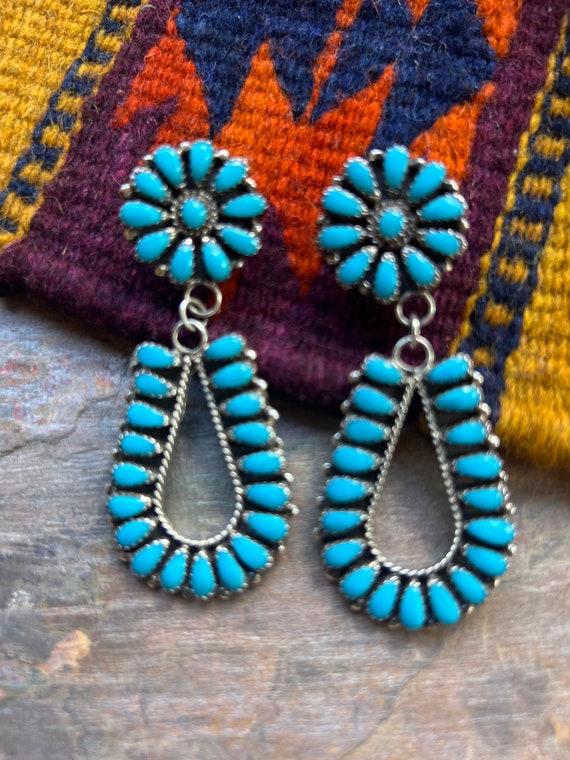 Native Sterling Silver Turquoise Cluster Drop Stu… - image 3
