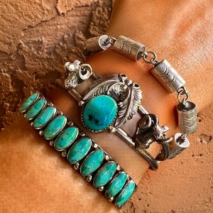 Vintage Navajo Sterling Silver Turquoise Squash Blossom Cuff with Longhorn Sheep