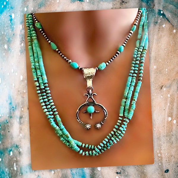 Native BASIC STAPLE Must-Have Navajo Handmade Antiqued “Dutton Ranch” Sterling Silver Sleeping Beauty Turquoise Naja with Heart Bail