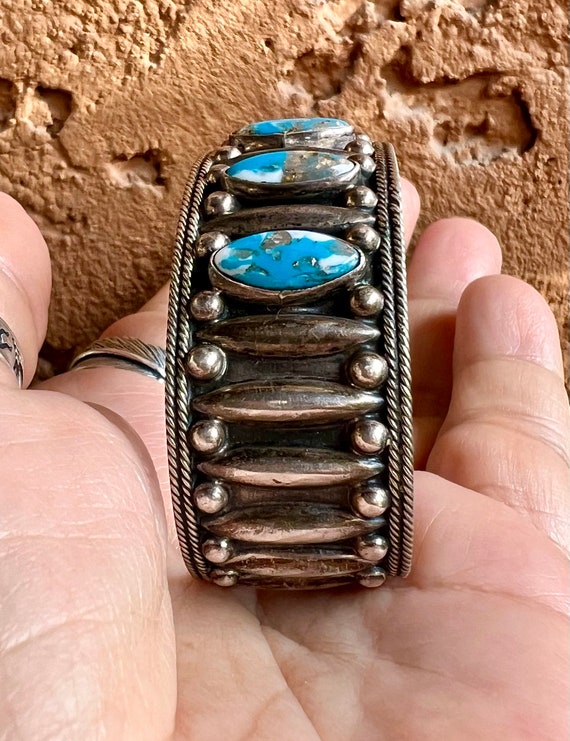 Native Vintage Sterling Silver Turquoise Row Cuff… - image 3