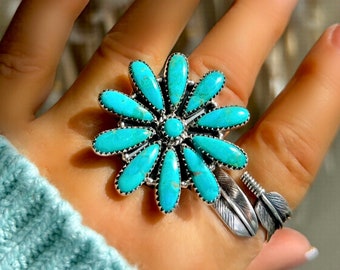 Sterling Silver Kingman Turquoise Flower Cluster Ring-Adjustable