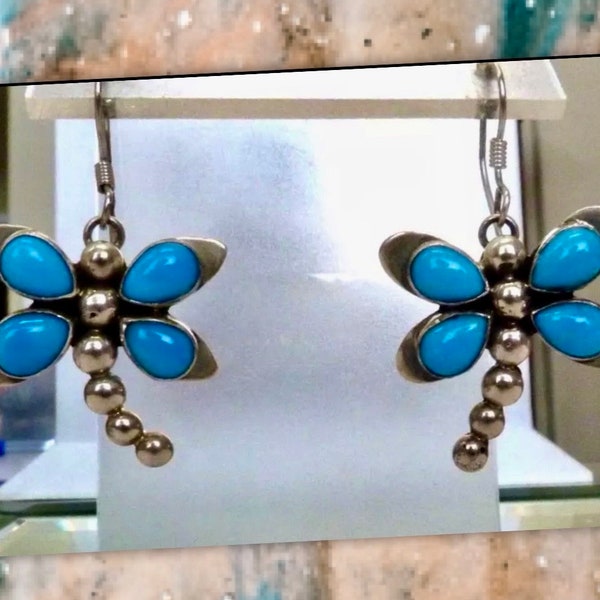 Southwest Artisan D Stungston Sterling Silver Blue Turquoise DRAGONFLY Earrings