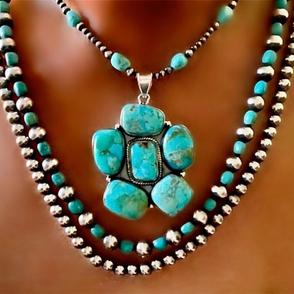 Large “Turquoise Delight” Sterling Silver Kingman Turquoise Cluster Pendant (a hair over 2 1/2”)