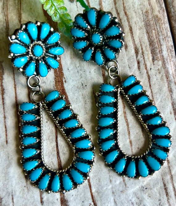 Native Sterling Silver Turquoise Cluster Drop Stu… - image 2