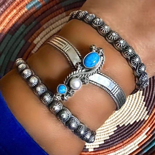 Native American Vintage Turquoise and Pearl Denim Lapis “Grand Canyon” Cuff Bracelet Size 6-7”