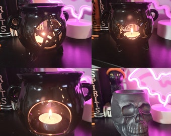 Ceramic Cauldron tealight wax warmers with 1oz wax melts, Pagan/Witch, Pentagram, skull