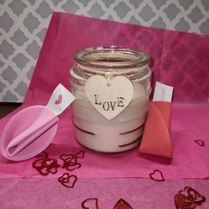 Soy wax Glass candle 9.25 oz, Love themed, scented Valentine&#39;s Candles, Gifts of Love, Handmade, 4 jar colors, choose scent.