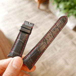 ハンドメイド マットブラック カーブエンド アリゲーターレザー ウォッチストラップ、ウォッチバンド 18 mm、19 mm、20 mm、21 mm、22 mm、24 mm、26 mm
