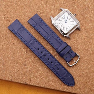 Correa de reloj de piel de caimán azul hecha a mano para Dumont pequeño, grande y extra grande 15,5 mm, 17,8 mm, 19 mm Correa integrada para Dumont