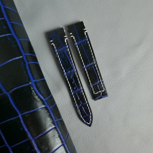 Bracelet déployante en cuir d'alligator bleu vintage mat fait main pour Santos moyenne et grande 18,5 mm, 21 mm