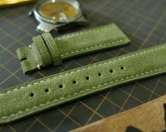 Bracelet de montre en cuir suédé vert fait à la main, bracelet de montre 18mm, 19mm, 20mm, 21mm, 22mm