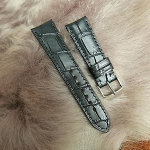 ハンドメイド マットブラック カーブエンド アリゲーターレザー ウォッチストラップ、ウォッチバンド 18 mm、19 mm、20 mm、21 mm、22 mm、24 mm、26 mm