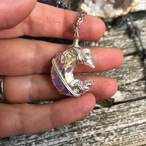 Rose Quartz Angel Aura Moon Wire Wrapped Necklace