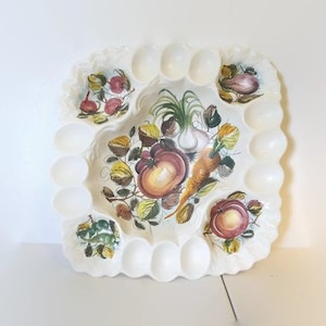 Devilled Egg and Vegetable Serving Dish - Italian Art Pottery Hand Painted Vegetable Motif Platter/Tray - Unique Large Fluted Edge Bowl