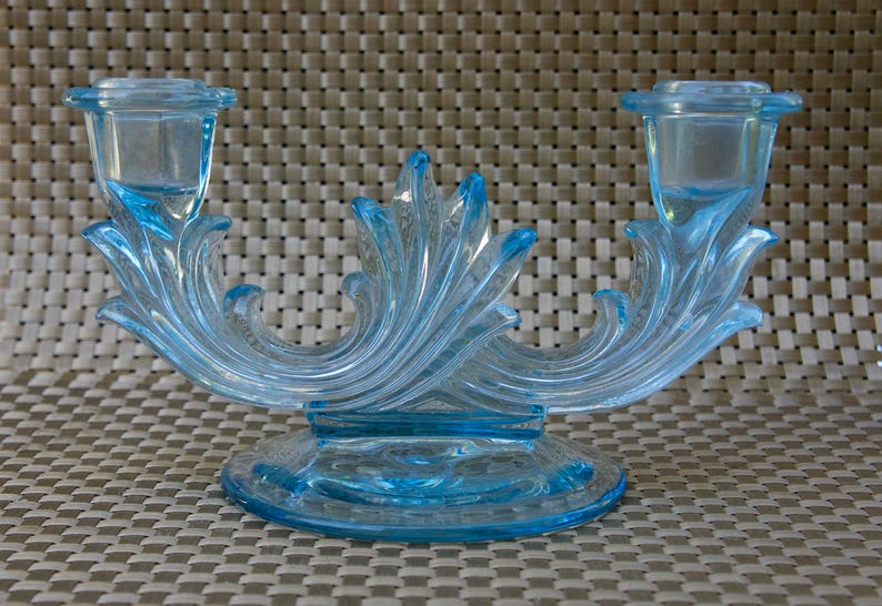 Light Blue Depression Glass Candlesticks Fostoria Double Image 0
