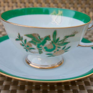 Green and Gold Bird Design Teacup and Saucer - Koran China KRN5- Gold Encrusted Footed Teacup - Vintage Rare Asian Decor