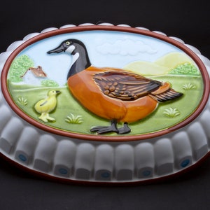 Goose and Gosling Jello Mold - Ceramic Wall Decor - Vintage Brown, Green, Blue and White Jello Mold - Farmhouse Decor Dessert Mold