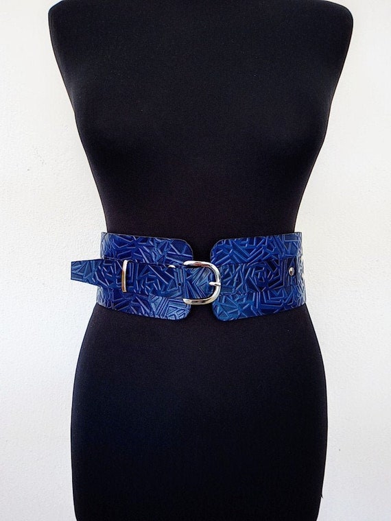 Wide Blue Waist Leather Belt Plus Size 