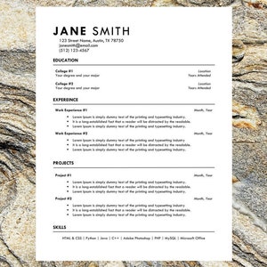 May include: A black and white resume template with the name Jane Smith at the top. The resume includes sections for education, experience, projects, and skills. The skills section lists HTML & CSS, Python, Java, C++, Adobe Photoshop, PHP, MySQL, and Microsoft Office.