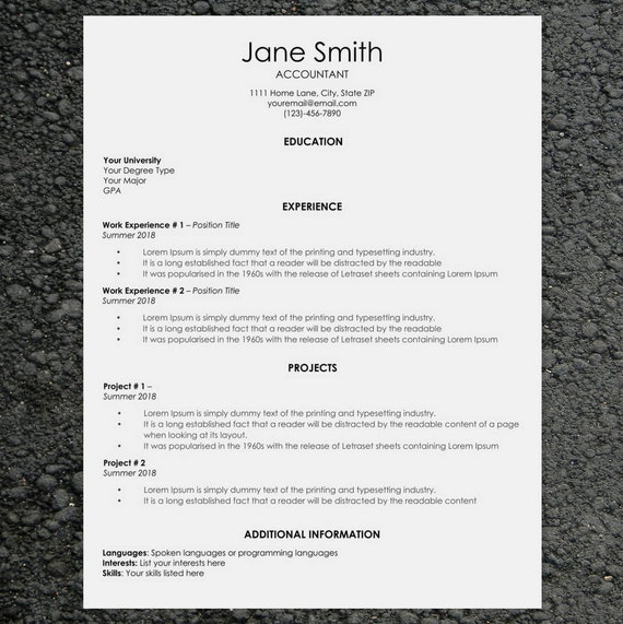Classic Resume Cv Template Word Cover Letter Template Easy Etsy