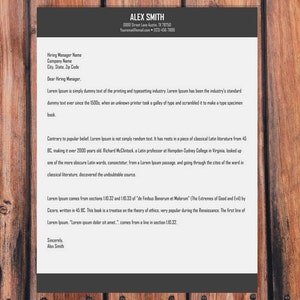 May include: A black and white resume template with a grey header bar. The header bar contains the text "ALEX SMITH" and contact information. The resume includes a professional summary, work experience, and education.