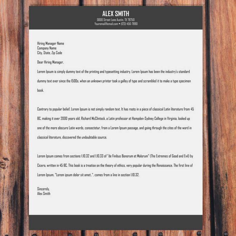 May include: A black and white resume template with a grey header bar. The header bar contains the text "ALEX SMITH" and contact information. The resume includes a professional summary, work experience, and education.