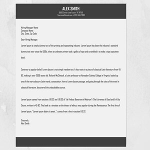 May include: A black and white resume template with a grey header. The header includes the name "Alex Smith" and contact information. The resume includes a professional summary, work experience, and education.
