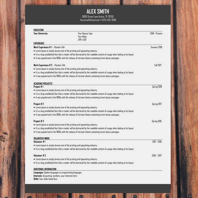 May include: A black and white CV with the name Alex Smith at the top. The CV lists education, work experience, academic projects, volunteer work, and additional information.