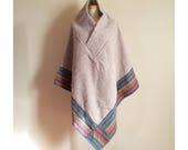 Mystical Wool and Mohair Poncho with Shawl Collar and Rainbow Striped Edges. Bias Cut, Free Size One Size. Beige Oatmeal. OOAK.