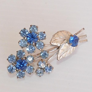 Vintage Blue Glass Rhinestone Floral Brooch