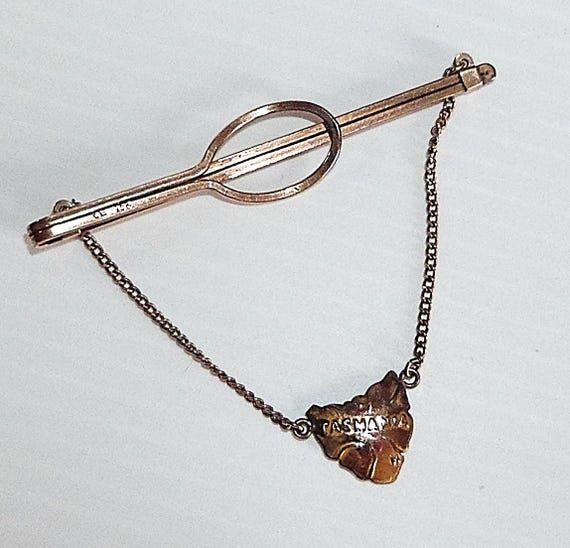 Vintage 9ct Gold Lined Map of Tasmania Tie Bar Clip, Tie Slide, Smart Business Suite