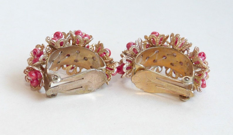authentic vintage at GatherMevintage Vintage beaded clip-on half hoop earrings cluster or fancy pink gold flower beads