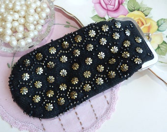 Gold Beaded Black Vintage Glasses Case