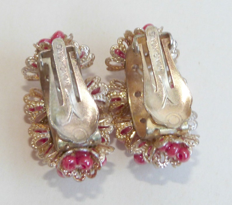 authentic vintage at GatherMevintage Vintage beaded clip-on half hoop earrings cluster or fancy pink gold flower beads