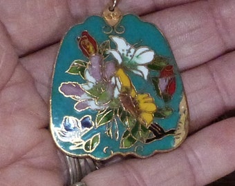Vintage Large Cloisonne Pendant Necklace Gold Tone