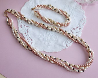 Necklace n Bracelet Set - Vintage Multi Strand Bead Twist Faux Pearl Set