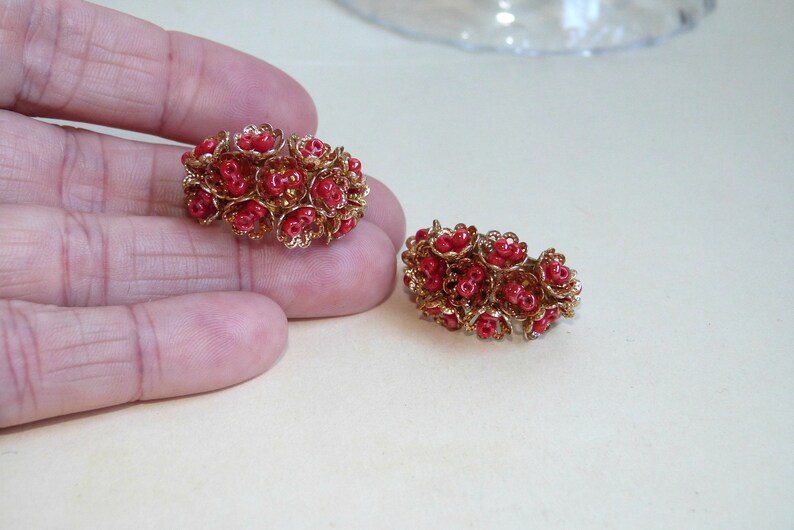 authentic vintage at GatherMevintage Vintage beaded clip-on half hoop earrings cluster or fancy pink gold flower beads
