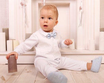 Tenue de bénédiction de bébé garçon, tenue de baptême de bébé garçon ALL WHITE BLUE Bowtie, nouveau-né garçon rentrant à la maison tenue d’été, tenue de baptême de bébé garçon