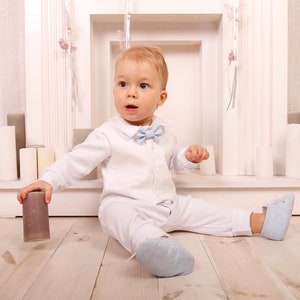 Baby boy blessing outfit, baby boy baptism outfit ALL WHITE BLUE Bowtie, newborn boy coming home outfit summer, baby boy christening outfit