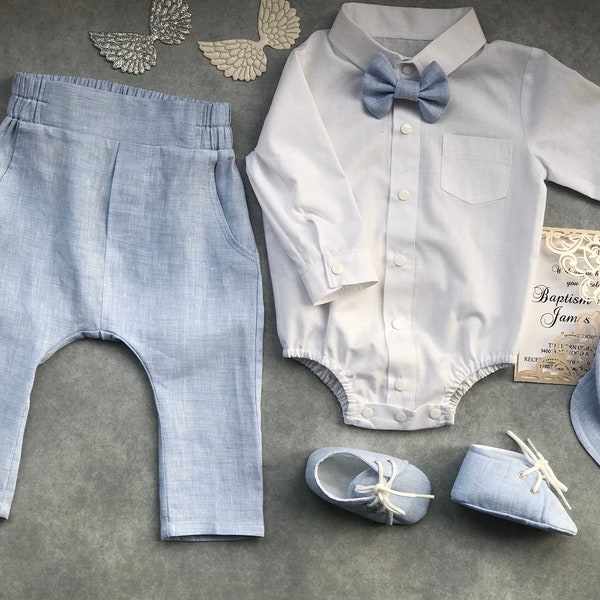 Tenue de bénédiction pour bébé garçon, tenue de baptême pour bébé garçon SHIRT BOWTIE PANTS, tenue d'été pour nouveau-né à la maison, tenue de baptême pour bébé garçon