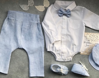 Baby boy blessing outfit, baby boy baptism outfit SHIRT BOWTIE PANTS, newborn boy coming home outfit summer, baby boy christening outfit