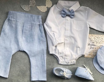 Tenue de bénédiction pour bébé garçon, tenue de baptême pour bébé garçon SHIRT BOWTIE PANTS, tenue d'été pour nouveau-né à la maison, tenue de baptême pour bébé garçon