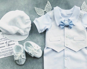 Baby boy baptism outfit short sleeve, baby boy baptism outfit linen blue bowtie, christening outfit baby boy linen, baby boy blessing