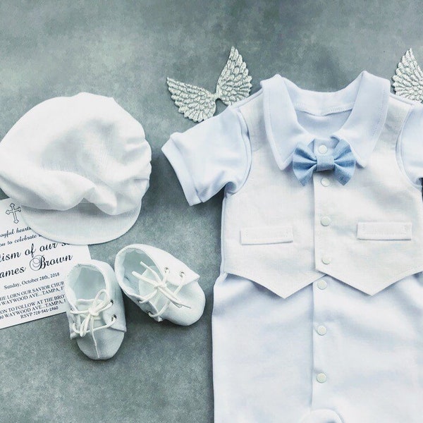 Baby boy baptism outfit short sleeve, baby boy baptism outfit linen blue bowtie, christening outfit baby boy linen, baby boy blessing