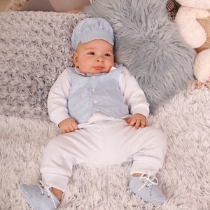 Baby Jungen Taufe Outfit Leinen, Baby Jungen Taufe Outfit Leinen Fliege, Taufkleidung Baby Jungen Leinen, Baby Jungen Segens Outfit blau
