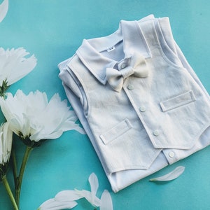 Baby boy baptism outfit linen, baby boy baptism outfit linen wHite bowtie, christening outfit baby boy linen, baby boy blessing outfit