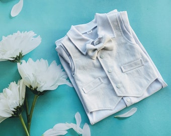 Baby Jungen Leinen Tauf Outfit, Weiße Fliege,Taufsegen