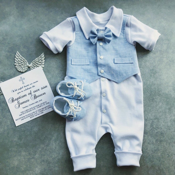 Baby boy baptism outfit short sleeve, baby boy baptism outfit linen blue bowtie, christening outfit baby boy linen, baby boy blessing
