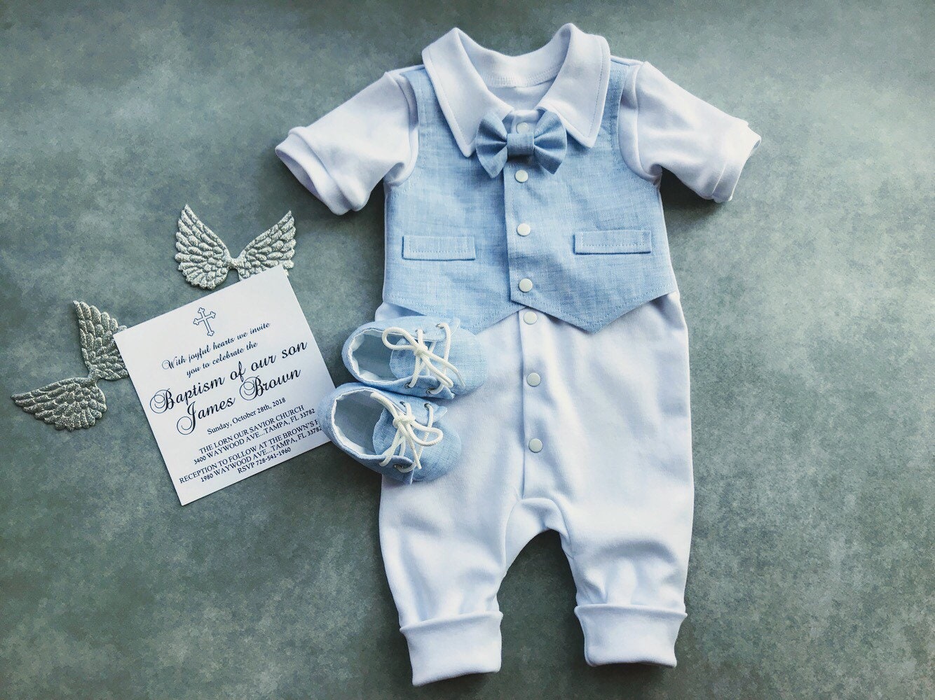 Baby Boy Linen Baptism Outfit, Blue Bowtie Vest, Handmade
