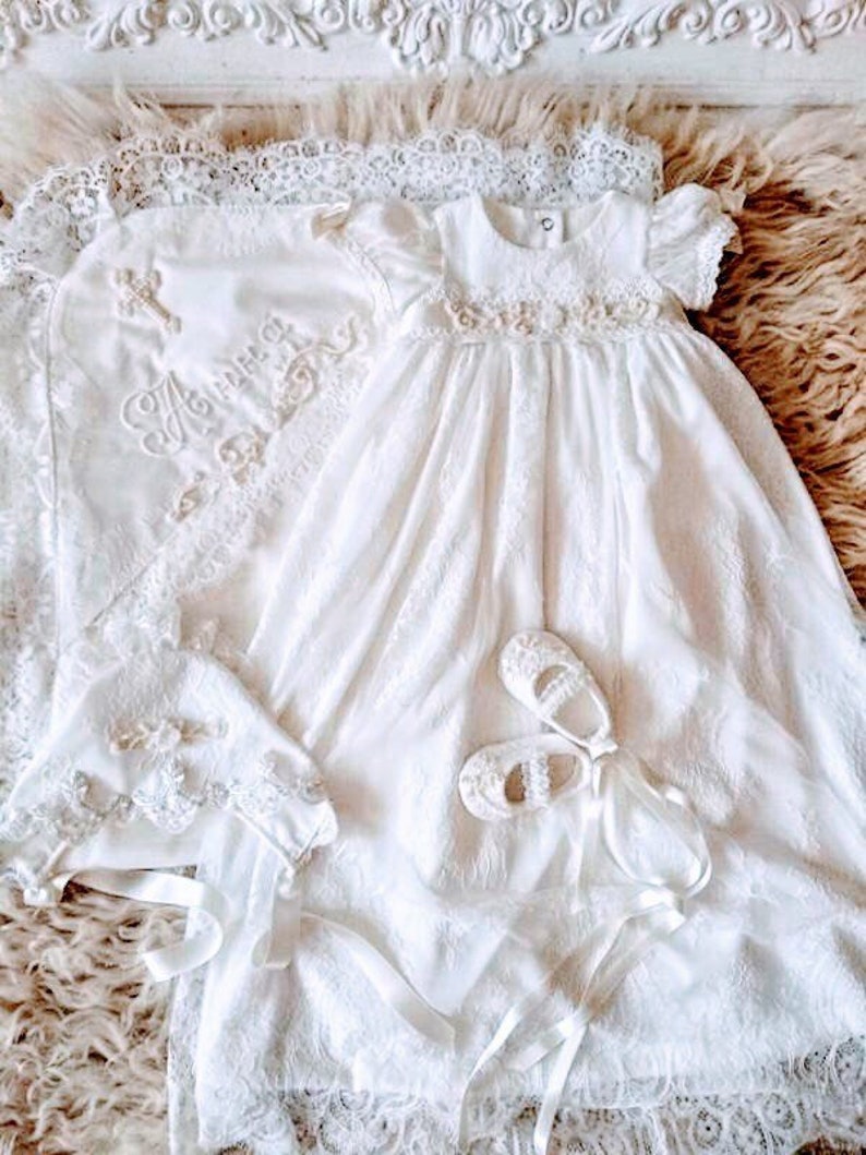 Baby Girls White Organza Christening Baptism Dedication Dress Gown w// Bonnet 21
